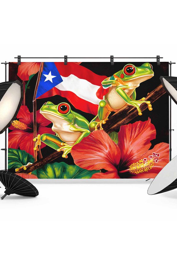7x5ft Photo Backdrop, Puerto Rico Flag Soft Polyester Backdrop Curtains Photography Backdrops, Frog Red Flower Summer Leaf Brushed Background for Photoshoots Studio Video Portrait Parties