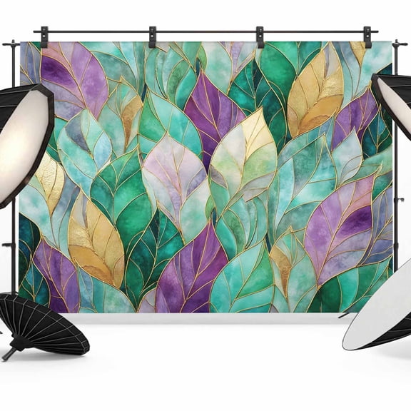 7x5ft Photo Backdrop, Purple Green Leaves Soft Polyester Backdrop Curtains Photography Backdrops, Modern Abstract Art Botanical Brushed Background for Photoshoots Studio Video Portrait Parties