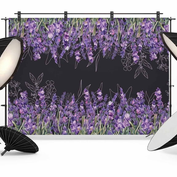 7x5ft Photo Backdrop, Purple Lavender Soft Polyester Backdrop Curtains Photography Backdrops, Spring Watercolor Wildflowers Plant Black Brushed Background for Photoshoots Studio Portrait Parties