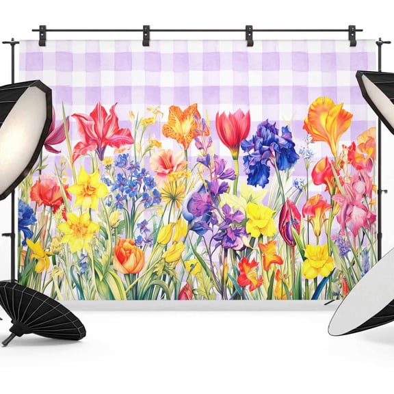 7x5ft Photo Backdrop, Purple Plaid Tulip Soft Polyester Backdrop Curtains Photography Backdrops, Spring Floral Watercolor Botanical Brushed Background for Photoshoots Studio Video Portrait Parties