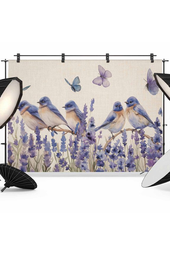7x5ft Photo Backdrop, Purple Spring Floral Soft Polyester Backdrop Curtains Photography Backdrops, Summer Birds Butterfly Farmhouse Brushed Background for Photoshoots Studio Video Portrait Parties