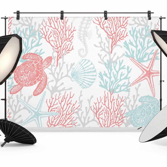 7x5ft Photo Backdrop, Red Aqua Coastal Soft Polyester Backdrop Curtains Photography Backdrops, Sea Turtle Nautical Coral Summer Beach Brushed Background for Photoshoots Studio Video Portrait Parties