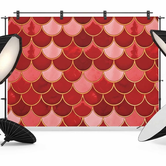 7x5ft Photo Backdrop, Red Fish Scale Soft Polyester Backdrop Curtains Photography Backdrops, Modern Geometric Ombre Abstract Moroccan Brushed Background for Photoshoots Studio Video Portrait Parties