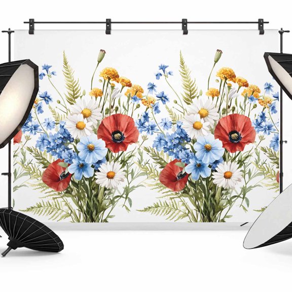7x5ft Photo Backdrop, Red Flower Soft Polyester Backdrop Curtains Photography Backdrops, 4th of July Patriotic Blue Poppy Floral Daisy Brushed Background for Photoshoots Studio Video Portrait Parties