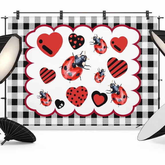 7x5ft Photo Backdrop, Red Ladybugs Soft Polyester Backdrop Curtains Photography Backdrops, Modern Love Heart Black Checkered Plaid Brushed Background for Photoshoots Studio Video Portrait Parties