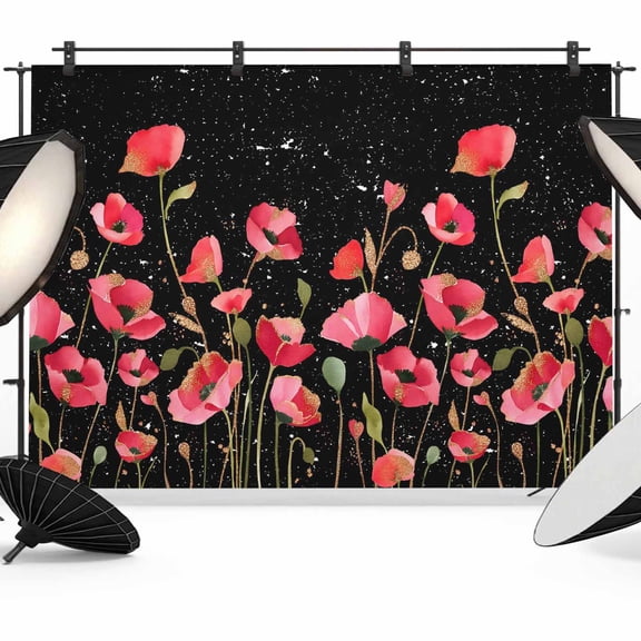 7x5ft Photo Backdrop, Red Poppy Soft Polyester Backdrop Curtains Photography Backdrops, Spring Summer Flowers Botanical Black Brushed Background for Photoshoots Studio Video Portrait Parties