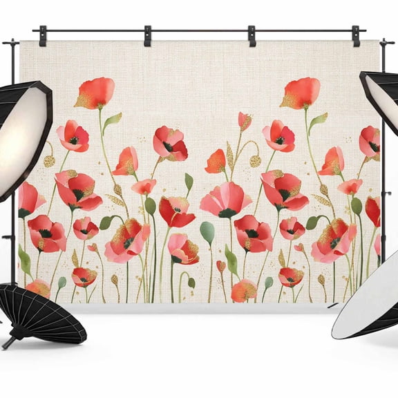 7x5ft Photo Backdrop, Red Poppy Soft Polyester Backdrop Curtains Photography Backdrops, Spring Summer Flowers Botanical Rustic Brushed Background for Photoshoots Studio Video Portrait Parties