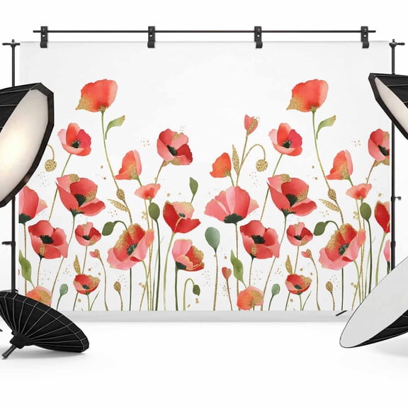 7x5ft Photo Backdrop, Red Poppy Soft Polyester Backdrop Curtains Photography Backdrops, Spring Summer Flowers Botanical Watercolor Brushed Background for Photoshoots Studio Video Portrait Parties