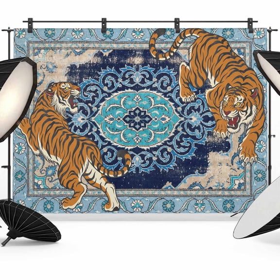 7x5ft Photo Backdrop, Retro Tiger Soft Polyester Backdrop Curtains Photography Backdrops, Wild Animals Blue Ethnic Tribal Geometric Floral Brushed Background for Photoshoots Studio Video Portrait