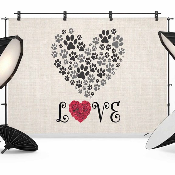 7x5ft Photo Backdrop, Romance Love Soft Polyester Backdrop Curtains Photography Backdrops, Heart Dog Paw Prints Roses Beige Brushed Background for Photoshoots Studio Video Portrait Parties