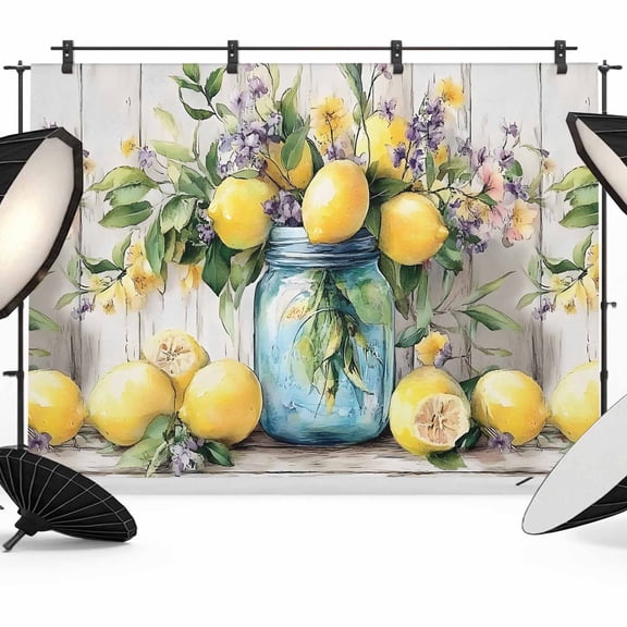 7x5ft Photo Backdrop, Rustic Lemon Vases Soft Polyester Backdrop Curtains Photography Backdrops, Vintage Botanical Wooden Brushed Background for Photoshoots Studio Video Portrait Parties