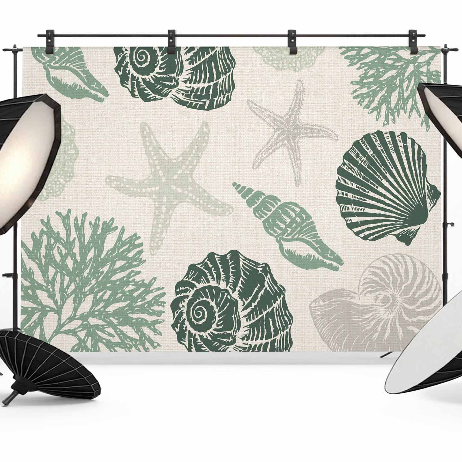 Shell Backdrop 2d 7x5ft Photo Backdrop, Sage Green Coastal Soft Polyester Backdrop ...
