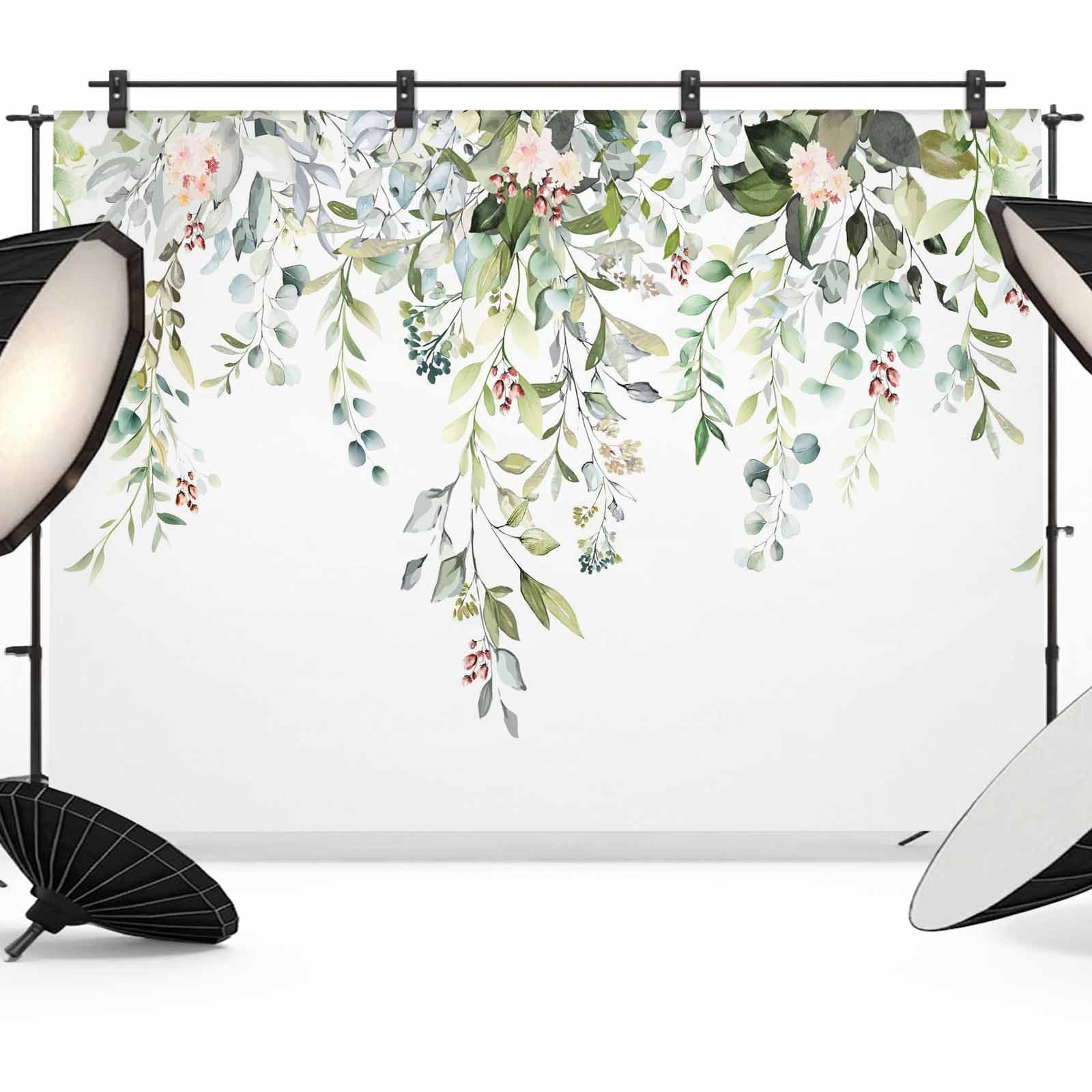 7x5ft Photo Backdrop, Sage Green Eucalyptus Soft Polyester Backdrop Curtains Photography Backdrops, Pink Floral Buds Summer Pastoral Brushed Background for Photoshoots Studio Video Portrait Parties