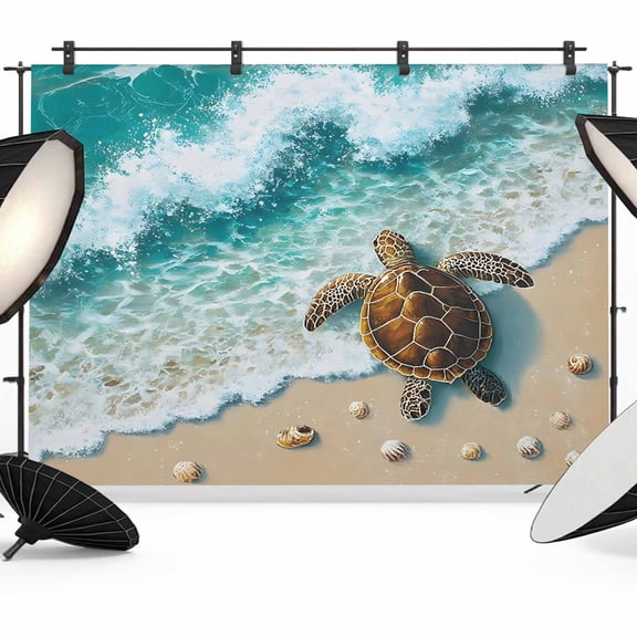 7x5ft Photo Backdrop, Sea Turtle Seaside Soft Polyester Backdrop Curtains Photography Backdrops, Waves Summer Beach Ocean Coastal Brushed Background for Photoshoots Studio Video Portrait Parties