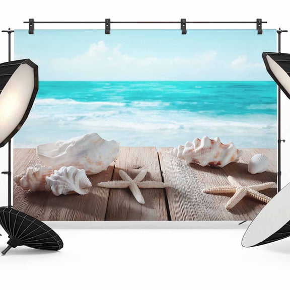 7x5ft Photo Backdrop, Seaside Coastal Soft Polyester Backdrop Curtains Photography Backdrops, Summer Beach Conch Starfish Ocean Wave Brushed Background for Photoshoots Studio Video Portrait Parties