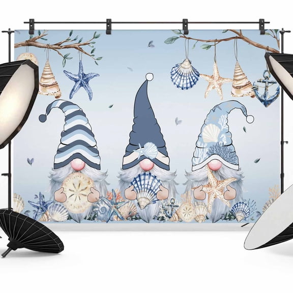 7x5ft Photo Backdrop, Sky Blue Gnomes Coastal Soft Polyester Backdrop Curtains Photography Backdrops, Eucalypus Starfish Shell Anchor Brushed Background for Photoshoots Studio Video Portrait Parties
