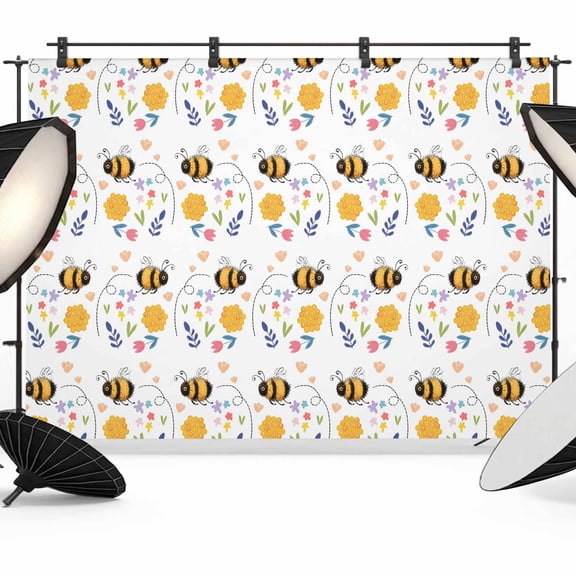 7x5ft Photo Backdrop, Spring Bees Soft Polyester Backdrop Curtains Photography Backdrops, Cartoon Funny Animals Flowers Leaves Stripes Brushed Background for Photoshoots Studio Video Portrait Parties