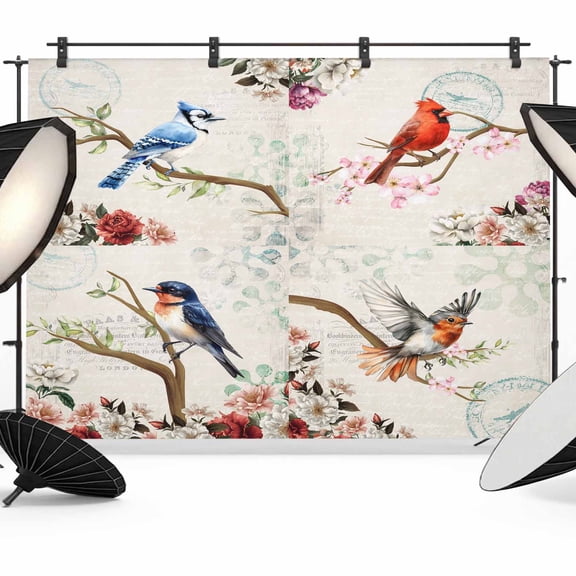 7x5ft Photo Backdrop, Spring Birds Floral Soft Polyester Backdrop Curtains Photography Backdrops, Farmhouse Botanical Burlap Brushed Background for Photoshoots Studio Video Portrait Parties