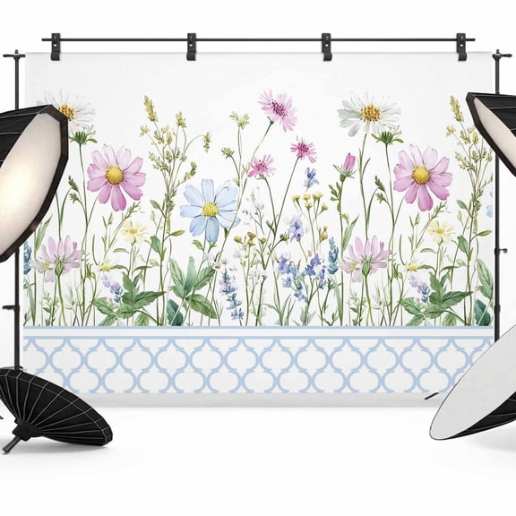 7x5ft Photo Backdrop, Spring Daisy Soft Polyester Backdrop Curtains Photography Backdrops, Blue Moroccan White Wildflowers Country Plants Brushed Background for Photoshoots Studio Portrait Parties