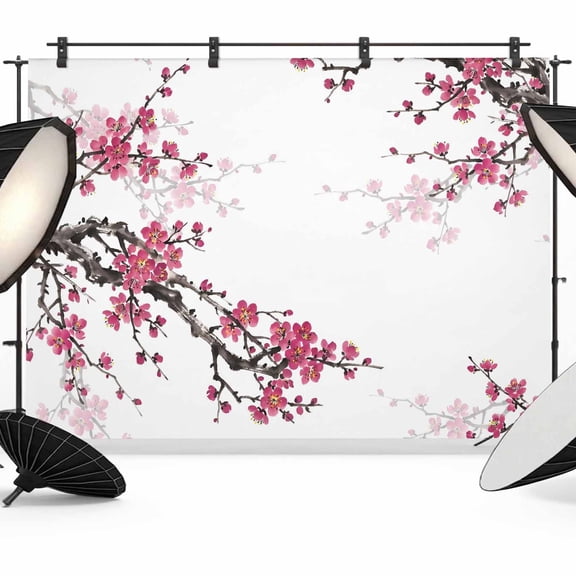 7x5ft Photo Backdrop, Spring Floral Soft Polyester Backdrop Curtains Photography Backdrops, Red Cherry Flowers Branches Oil Painting Art Brushed Background for Photoshoots Studio Video Portrait Party