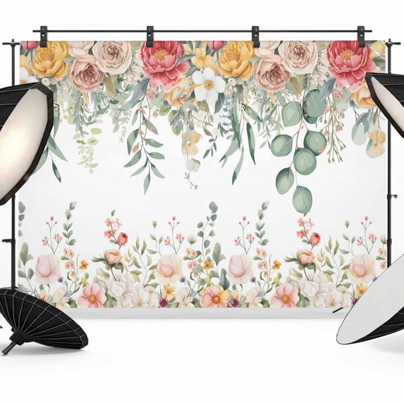 7x5ft Photo Backdrop, Spring Floral Soft Polyester Backdrop Curtains Photography Backdrops, Watercolor Roses Eucalyptus Leaves Botanical Brushed Background for Photoshoots Studio Portrait Parties