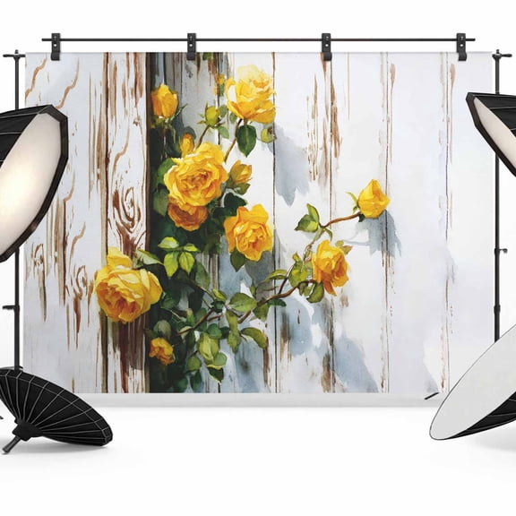 7x5ft Photo Backdrop, Spring Floral Soft Polyester Backdrop Curtains Photography Backdrops, Yellow Roses Flowers Leaves Farmhouse Wooden Brushed Background for Photoshoots Studio Video Portrait Party
