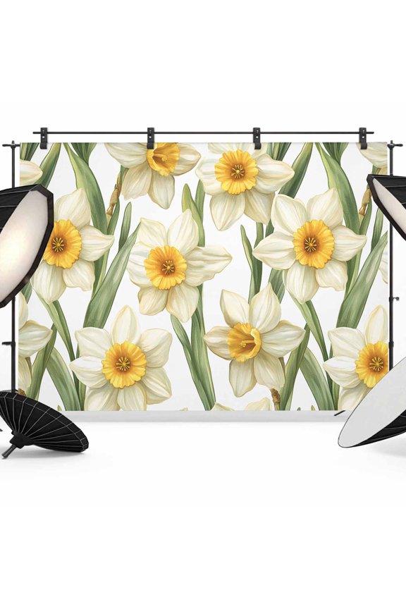 7x5ft Photo Backdrop, Spring Flowers Soft Polyester Backdrop Curtains Photography Backdrops, White Botanical Nature Daffodils Floral Brushed Background for Photoshoots Studio Video Portrait Parties