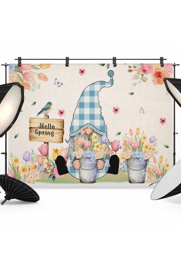 7x5ft Photo Backdrop, Spring Gnomes Floral Soft Polyester Backdrop Curtains Photography Backdrops, Pink Tulip Botanical Beige Burlap Brushed Background for Photoshoots Studio Video Portrait Parties