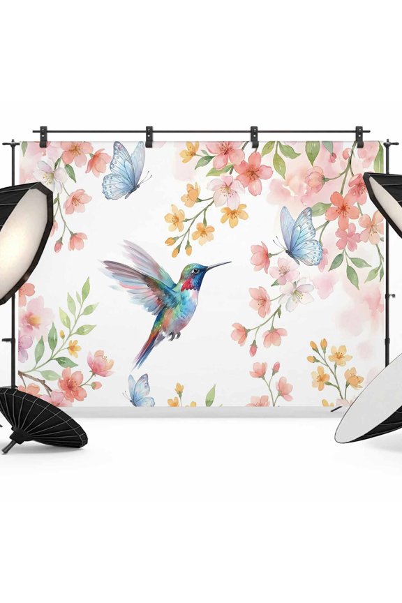 7x5ft Photo Backdrop, Spring Hummingbird Soft Polyester Backdrop Curtains Photography Backdrops, Cherry Floral Butterflies Botanical Brushed Background for Photoshoots Studio Video Portrait Parties