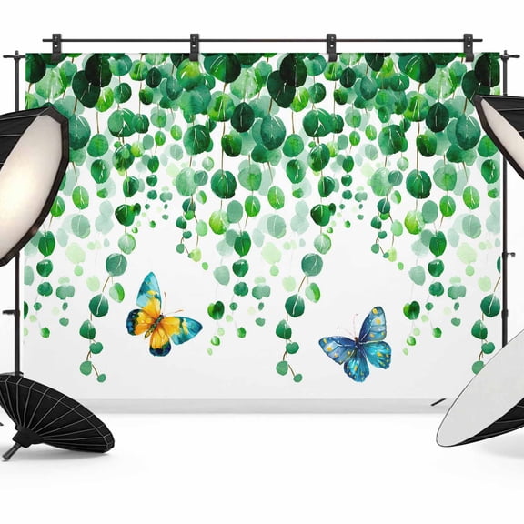 7x5ft Photo Backdrop, Spring Leaves Soft Polyester Backdrop Curtains Photography Backdrops, Green Plants Country Butterfly Gradient Leaf Brushed Background for Photoshoots Studio Video Portrait Party