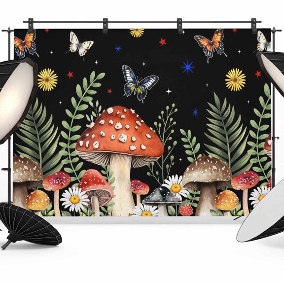 7x5ft Photo Backdrop, Spring Mushrooms Soft Polyester Backdrop Curtains Photography Backdrops, Farmhouse Pastoral Botanical Stars Rustic Brushed Background for Photoshoots Studio Portrait Parties