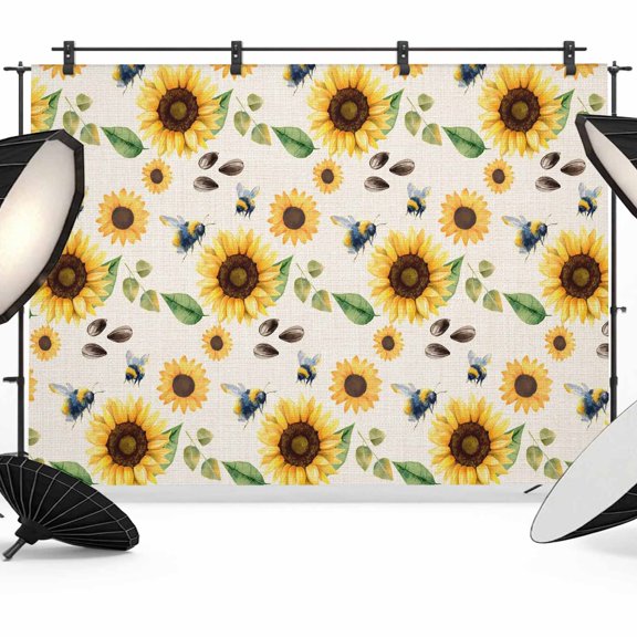 7x5ft Photo Backdrop, Spring Sunflowers Soft Polyester Backdrop Curtains Photography Backdrops, Country Floral Bees Rustic Botanical Brushed Background for Photoshoots Studio Video Portrait Parties