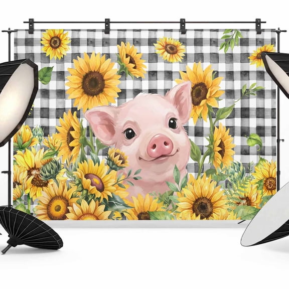 7x5ft Photo Backdrop, Spring Sunflowers Soft Polyester Backdrop Curtains Photography Backdrops, Country Pig Plants Animals Farmhouse Plaid Brushed Background for Photoshoots Studio Video Portrait