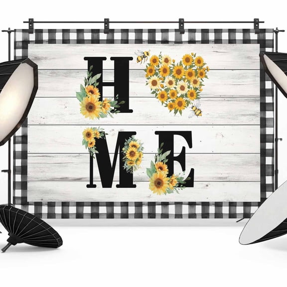 7x5ft Photo Backdrop, Spring Sunflowers Soft Polyester Backdrop Curtains Photography Backdrops, Farmhouse Botanical Wooden Grain Plaid Brushed Background for Photoshoots Studio Video Portrait Parties