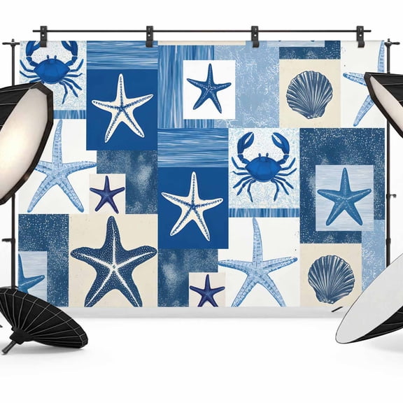 7x5ft Photo Backdrop, Starfish Coastal Soft Polyester Backdrop Curtains Photography Backdrops, Blue Shell Crab Nautical Summer Beach Ocean Brushed Background for Photoshoots Studio Video Portrait