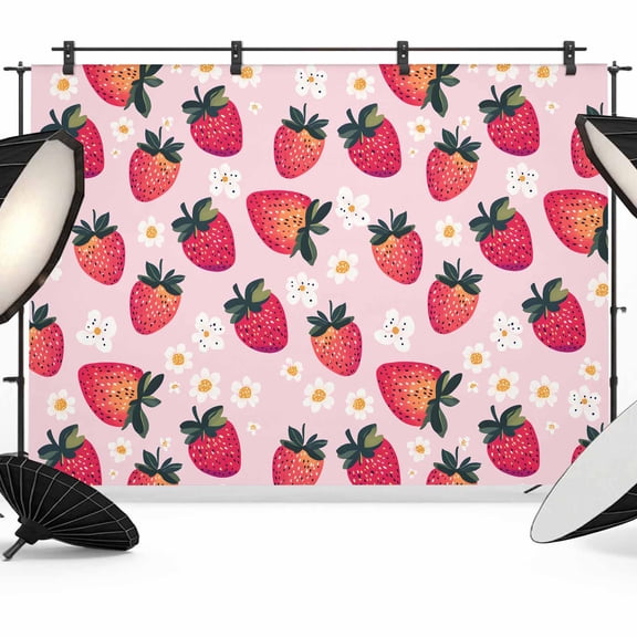 7x5ft Photo Backdrop, Strawberry Soft Polyester Backdrop Curtains Photography Backdrops, Pink Spring Summer Rustic Floral Fruit Brushed Background for Photoshoots Studio Video Portrait Parties
