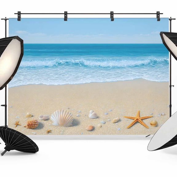 7x5ft Photo Backdrop, Summer Beach Soft Polyester Backdrop Curtains Photography Backdrops, Coastal Ocean Waves Starfish Shell Brushed Background for Photoshoots Studio Video Portrait Parties