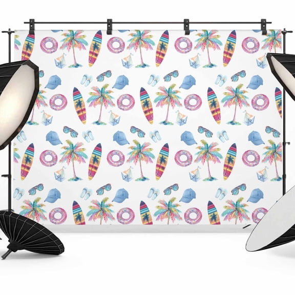 7x5ft Photo Backdrop, Summer Beach Soft Polyester Backdrop Curtains Photography Backdrops, Colorful Surfboard Swim Ring Palm Tree Brushed Background for Photoshoots Studio Video Portrait Parties