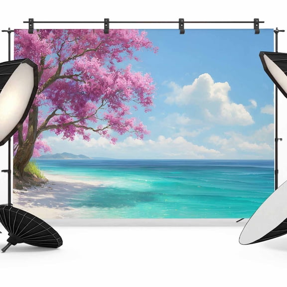 7x5ft Photo Backdrop, Summer Beach Soft Polyester Backdrop Curtains Photography Backdrops, Pink Tree Blue Coastal Ocean Natural Scenery Brushed Background for Photoshoots Studio Video Portrait Party