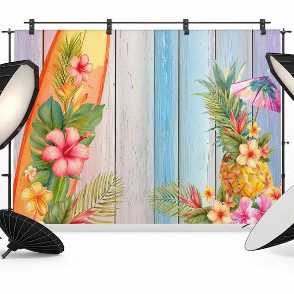 7x5ft Photo Backdrop, Summer Beach Surfboard Soft Polyester Backdrop Curtains Photography Backdrops, Tropical Palm Leaf Pineapple Floral Brushed Background for Photoshoots Studio Video Portrait Party