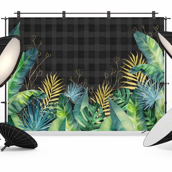 7x5ft Photo Backdrop, Summer Botanical Soft Polyester Backdrop Curtains Photography Backdrops, Tropical Monstera Palm Leaf Black Brushed Background for Photoshoots Studio Video Portrait Parties
