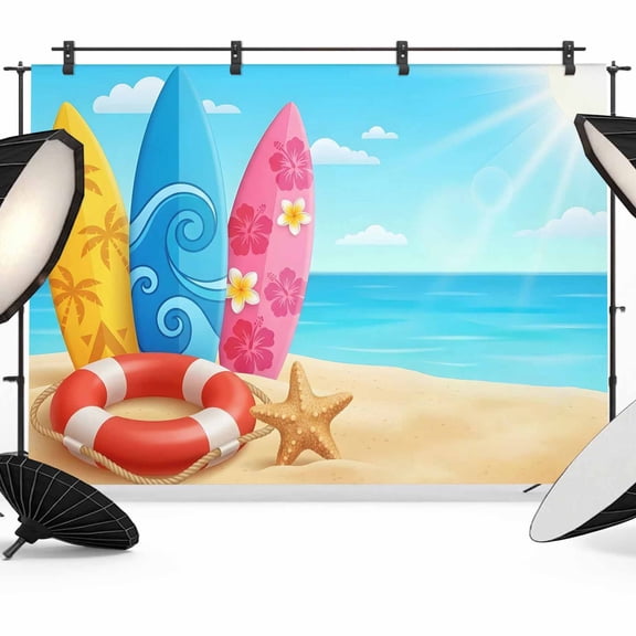 7x5ft Photo Backdrop, Summer Coastal Soft Polyester Backdrop Curtains Photography Backdrops, Ocean Beach Starfish Palm Tree Wave Flower Brushed Background for Photoshoots Studio Video Portrait Party