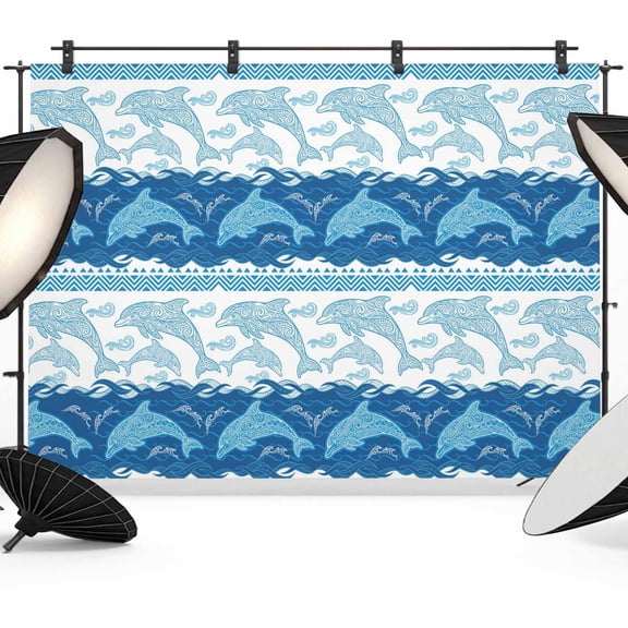 7x5ft Photo Backdrop, Summer Dolphin Soft Polyester Backdrop Curtains Photography Backdrops, Ocean Waves Coastal Blue Stripes Brushed Background for Photoshoots Studio Video Portrait Parties