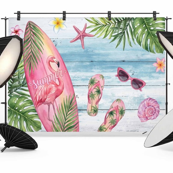 7x5ft Photo Backdrop, Summer Flamingo Soft Polyester Backdrop Curtains Photography Backdrops, Tropical Plants Botanical Blue Ombre Wood Brushed Background for Photoshoots Studio Video Portrait Party