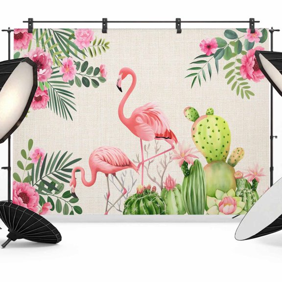 7x5ft Photo Backdrop, Summer Flamingos Soft Polyester Backdrop Curtains Photography Backdrops, Tropical Pink Botanical Flowers Cactus Brushed Background for Photoshoots Studio Video Portrait Parties