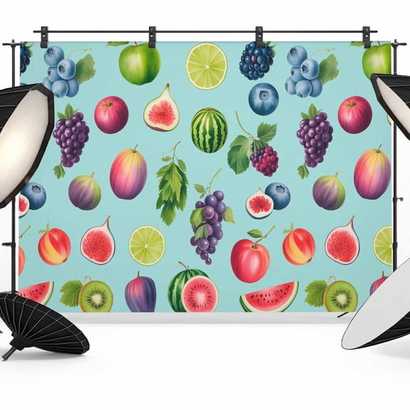 7x5ft Photo Backdrop, Summer Fruits Soft Polyester Backdrop Curtains Photography Backdrops, Watermelon Berry Lemon Botanical Teal Brushed Background for Photoshoots Studio Video Portrait Parties