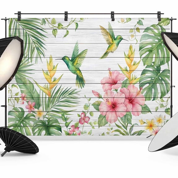 7x5ft Photo Backdrop, Summer Hummingbirds Soft Polyester Backdrop Curtains Photography Backdrops, Farmhouse Floral Palm Leaves Wooden Brushed Background for Photoshoots Studio Video Portrait Parties