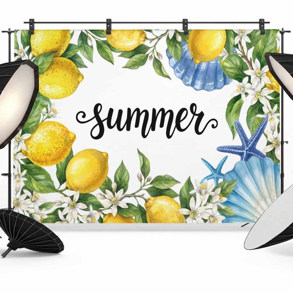 7x5ft Photo Backdrop, Summer Lemon Soft Polyester Backdrop Curtains Photography Backdrops, Coastal Starfish Shells Pastoral Floral Brushed Background for Photoshoots Studio Video Portrait Parties