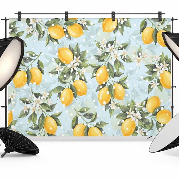 7x5ft Photo Backdrop, Summer Lemon Soft Polyester Backdrop Curtains Photography Backdrops, Tropical Botanical Leaves Light Blue Brushed Background for Photoshoots Studio Video Portrait Parties