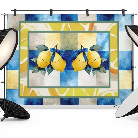 7x5ft Photo Backdrop, Summer Lemon Soft Polyester Backdrop Curtains Photography Backdrops, Watercolor Bowknot Cute Lemons Blue Plaid Brushed Background for Photoshoots Studio Video Portrait Parties
